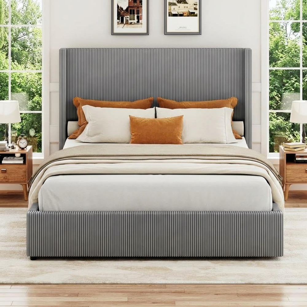 King Bed Frame with 4 Storage Drawers, Corduroy Upholstered Platform Bed