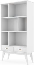 SIMPLIHOME Draper Bookcase - 64 inch Tall Solid Hardwood Wide Storage Bookshelf in White, Mid-Century Modern Storage for Living Room, Study Room or Office with Adjustable Shelves and Tapered Legs