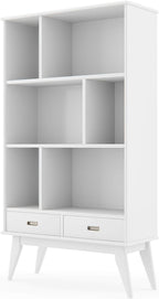 SIMPLIHOME Draper Bookcase - 64 inch Tall Solid Hardwood Wide Storage Bookshelf in White, Mid-Century Modern Storage for Living Room, Study Room or Office with Adjustable Shelves and Tapered Legs