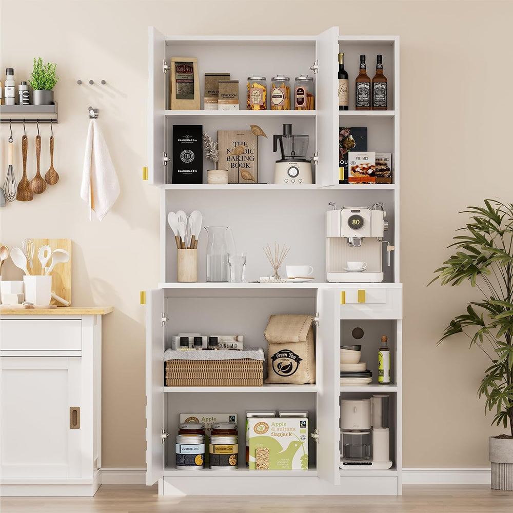 White Kitchen Pantry Cabinet, 71" Hutch Cabinet with Countertop & Po...