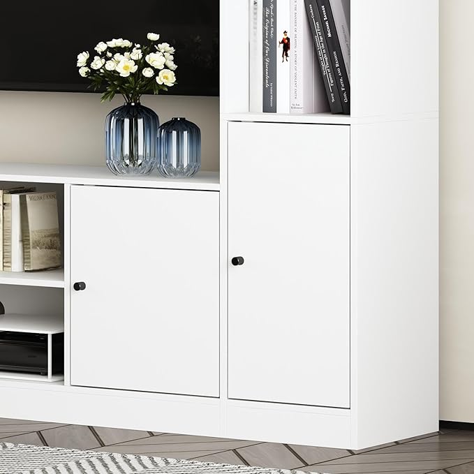 81.1" Large TV Stand with Bookshelves for TVs up to 60", Wall Unit Entertainment Center with Doors, 9 Open Shelves and Cable Holes, Media Console Cabinet for Living Room, White
