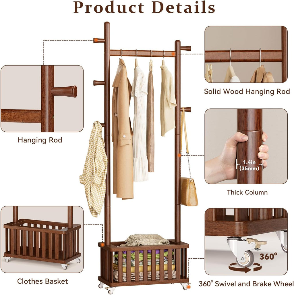 Solid Wood Coat Rack Clothes Rack, Coat Rack Freestanding with Storage Basket and 5 Hooks, Heavy Duty Coat Tree for Entryway, Living room, Coat Hanger Stand for Hats, Bags Clothes