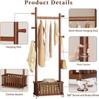 Solid Wood Coat Rack Clothes Rack, Coat Rack Freestanding with Storage Basket and 5 Hooks, Heavy Duty Coat Tree for Entryway, Living room, Coat Hanger Stand for Hats, Bags Clothes