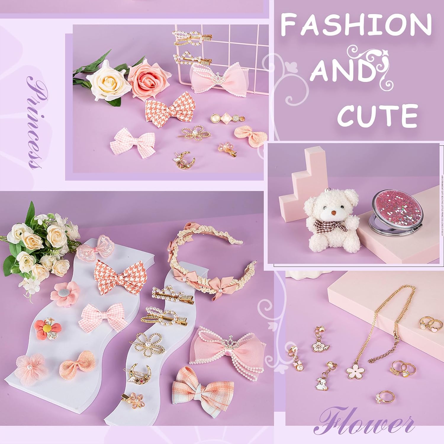 Princess Jewelry Box for Girls with Hair Accessories,Girls Hair Clips Bows Set, Fashion Hair Styling Kit with Mirror,Pink Sparkle Trinket Box Includes Hair Clips