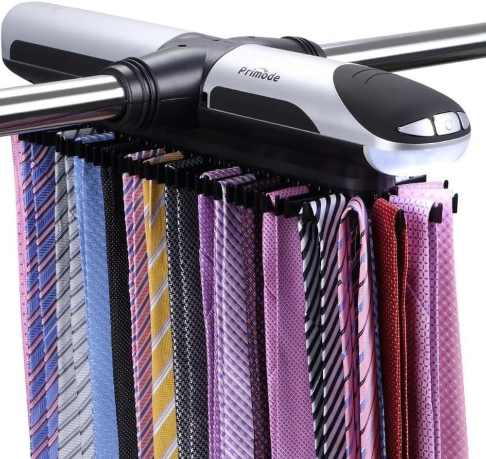Motorized Tie Rack Closet Organizer with LED Lights Includes J Hooks for Wired Shelving Stores Up to 72 Ties & 8 Belts Operates with Batteries