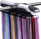 Motorized Tie Rack Closet Organizer with LED Lights Includes J Hooks for Wired Shelving Stores Up to 72 Ties & 8 Belts Operates with Batteries