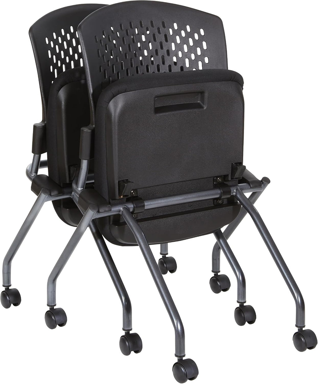 Office Star Deluxe Ventilated Plastic Wrap Around Back Folding Nesting Chair 2 Pack, Coal FreeFlex Fabric