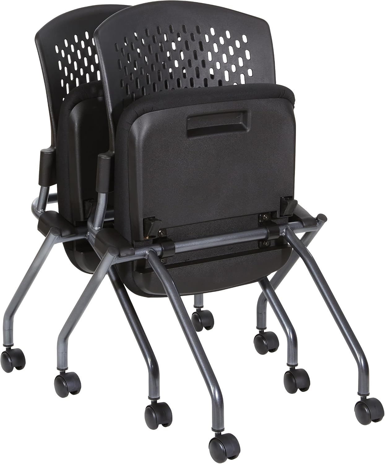 Office Star Deluxe Ventilated Plastic Wrap Around Back Folding Nesting Chair 2 Pack, Coal FreeFlex Fabric