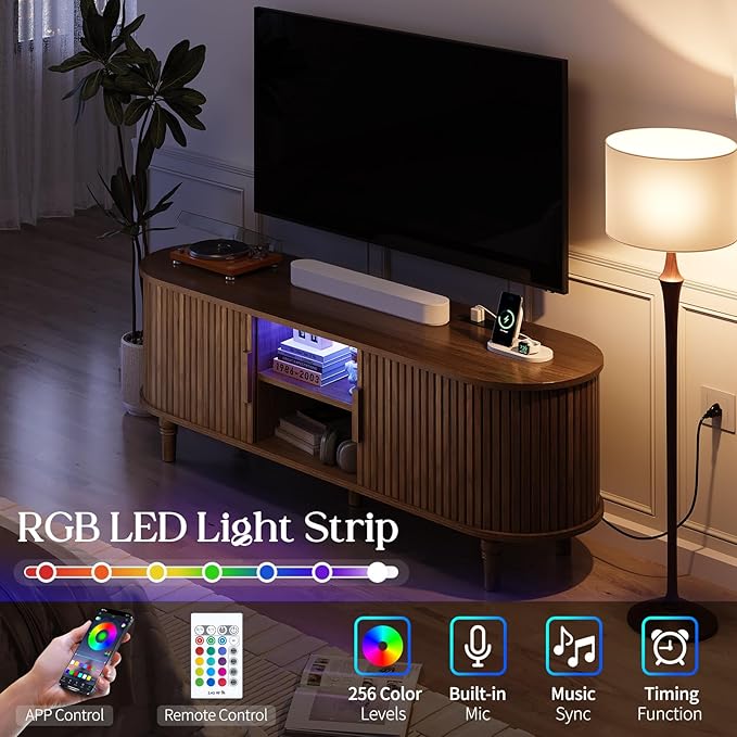 TV Console with Power Outlet-55 Entertainment Center with Sliding Tambour Door, Modern TV Stands for Living Room Bedroom, LED Media Stand with Storage Cabinet and Adjustable Shelves, Walnut