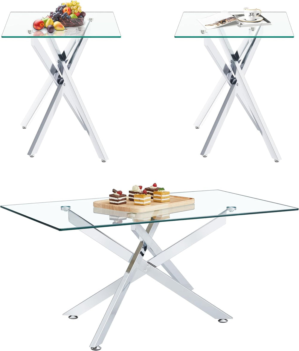 Silver Glass Coffee Table Set of 3 Modern End Table Living Room Side Table, G...