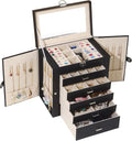 BOOVO Jewelry Box For women, 6 Layer Large Jewelry Organizer With Mirror, Multi-Function Storage Box With Lock, Accessory Holder With 5 Drawers, For Earrings Necklace Ring Bracelet (Black)