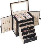 BOOVO Jewelry Box For women, 6 Layer Large Jewelry Organizer With Mirror, Multi-Function Storage Box With Lock, Accessory Holder With 5 Drawers, For Earrings Necklace Ring Bracelet (Black)