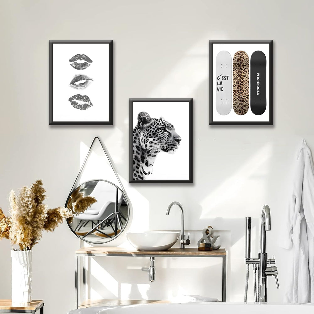 3 Piece Framed Stockholm Style Wall Art, Black and White Leopard Lips Canvas ...