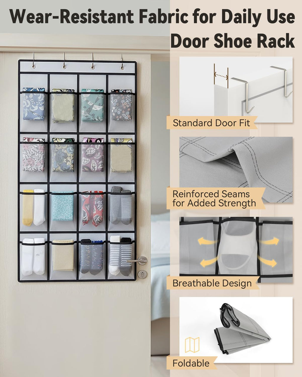 dodowin Over the Door Shoe Organizer, 16 Mesh Pockets, 4 Hooks, Gray | Foldable hanging storage fits behind closet doors and organizes shoes, accessories and daily household items in small spaces