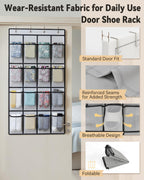 dodowin Over the Door Shoe Organizer, 16 Mesh Pockets, 4 Hooks, Gray | Foldable hanging storage fits behind closet doors and organizes shoes, accessories and daily household items in small spaces