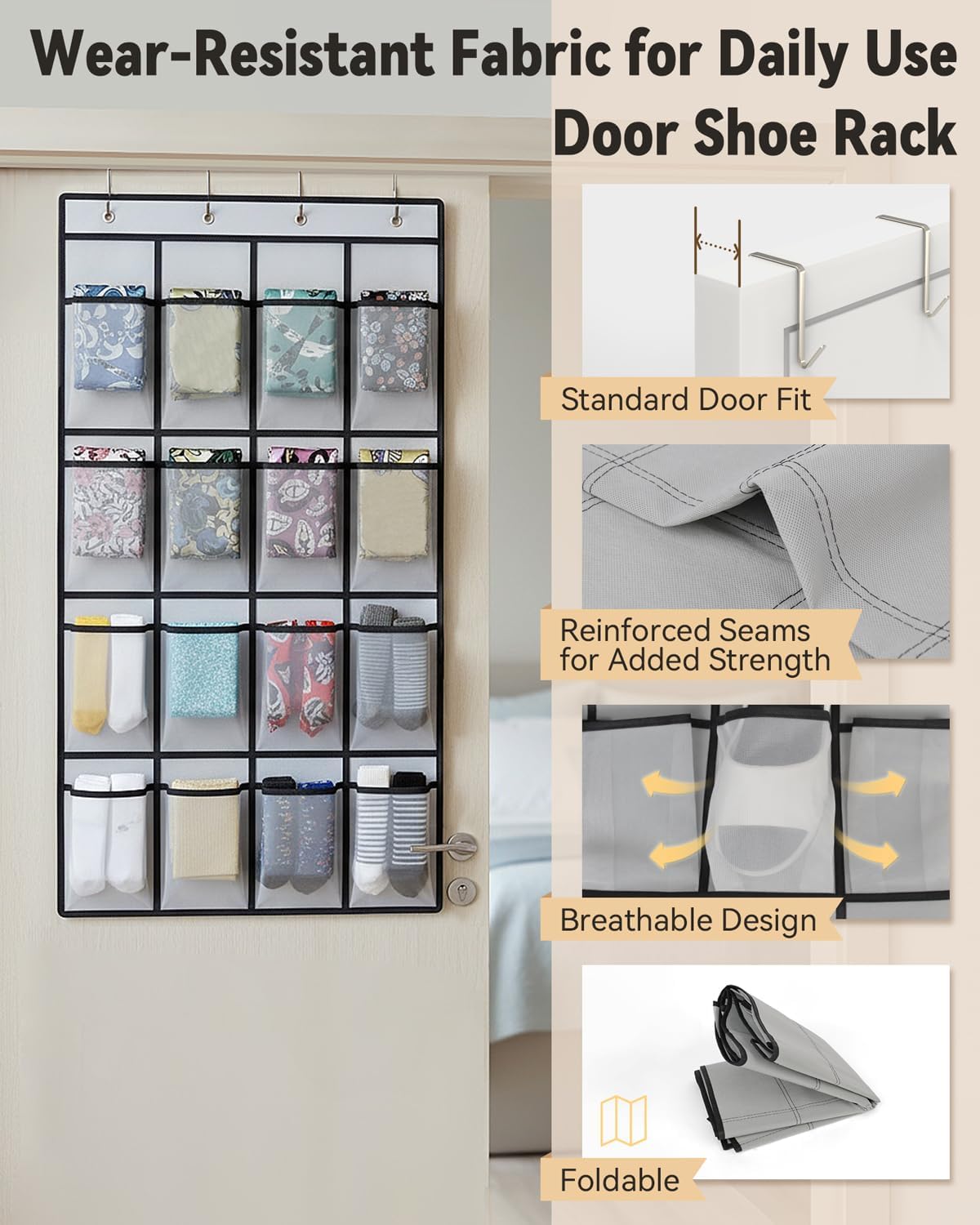 dodowin Over the Door Shoe Organizer, 16 Mesh Pockets, 4 Hooks, Gray | Foldable hanging storage fits behind closet doors and organizes shoes, accessories and daily household items in small spaces