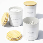 3PCS Farmhouse 13.53oz White Bathroom Canisters with 12 Labels & Wooden Lid Thick Glass Jar Set Qtip Holder for Cotton Ball & Pads Storage Organization Minimalist Decor