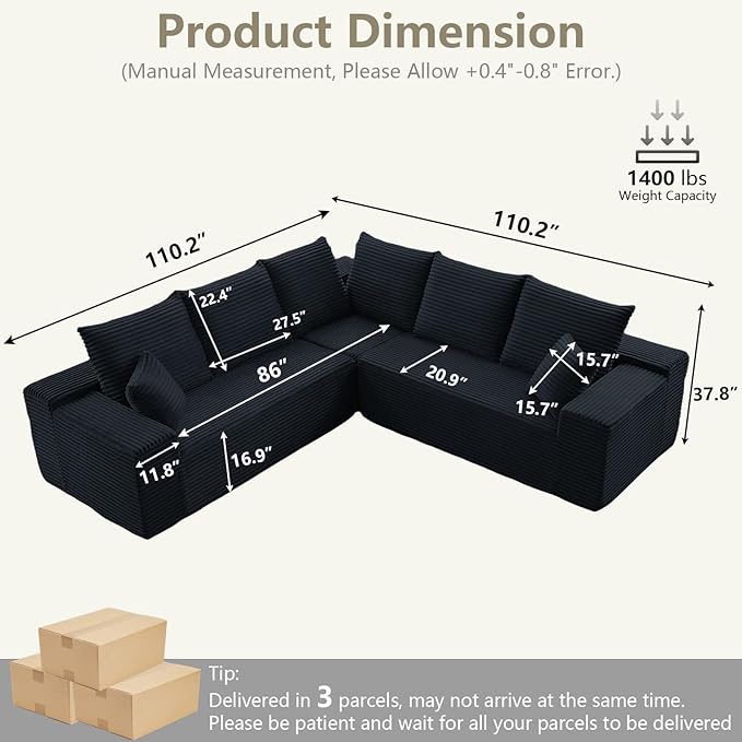 Sectional Cloud Couch for Living Room, Modern Modular Floor Deep-Seat Sofa, U...