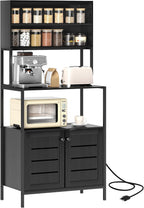 HOMCOM Kitchen Bakers Rack with Power Outlet, Coffee Bar Cabinet, Black | Microwave Stand, Storage Shelves, Louvred Door Cabinets, 31.5" x 16.5" x 67.3"