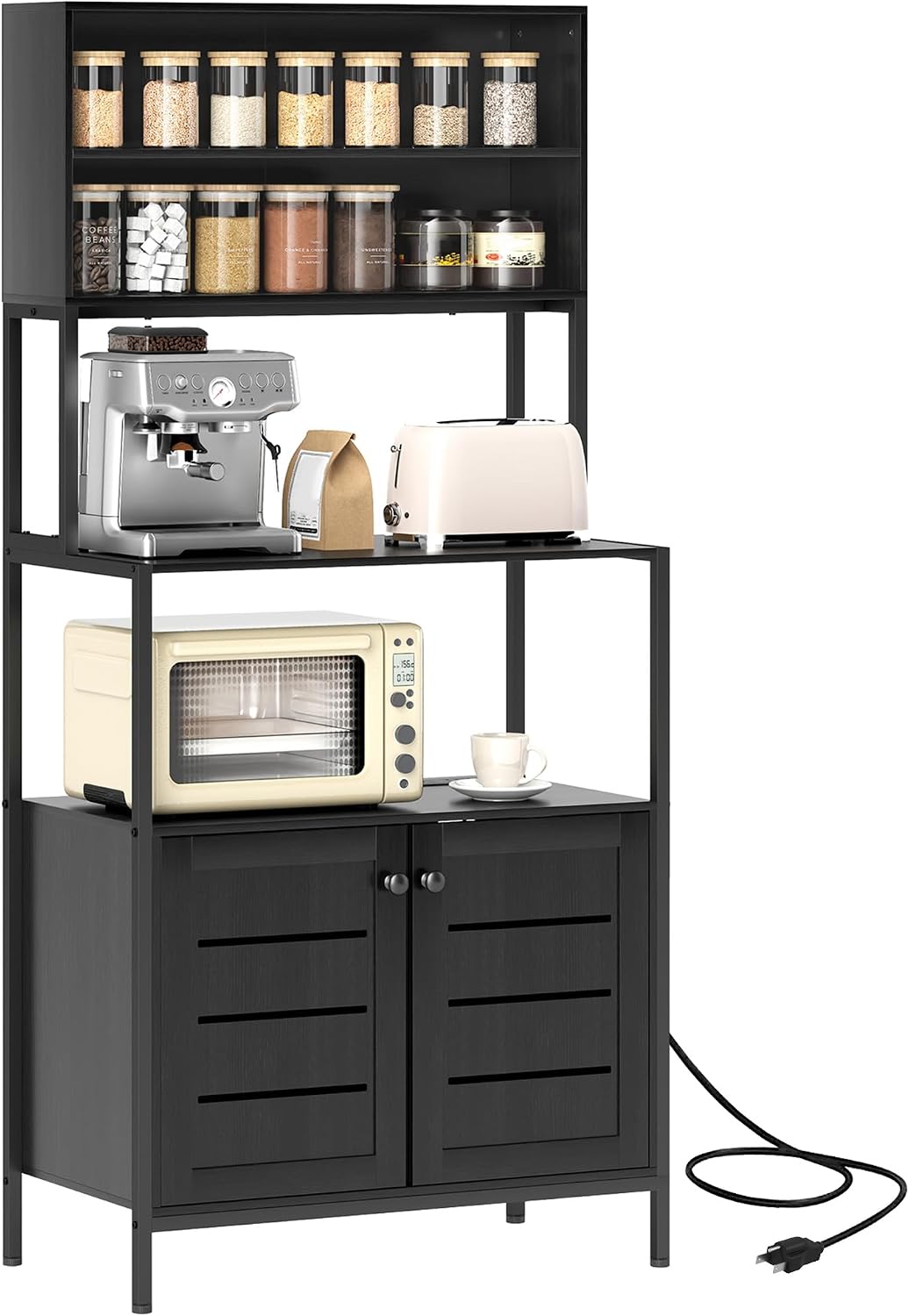 HOMCOM Kitchen Bakers Rack with Power Outlet, Coffee Bar Cabinet, Black | Microwave Stand, Storage Shelves, Louvred Door Cabinets, 31.5" x 16.5" x 67.3"