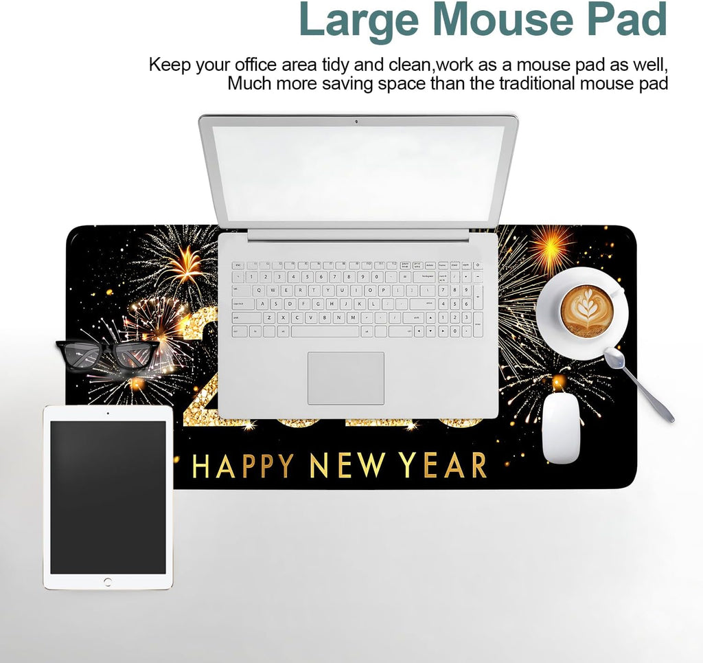 2026 Happy New Year Gaming Mouse Pad 31.5"x11.8"Desk Mat Anti-Slip Rubber Base & Durable Stitched Edges for Gamers Smooth Mouse Writing Surface for Desk Office/Home