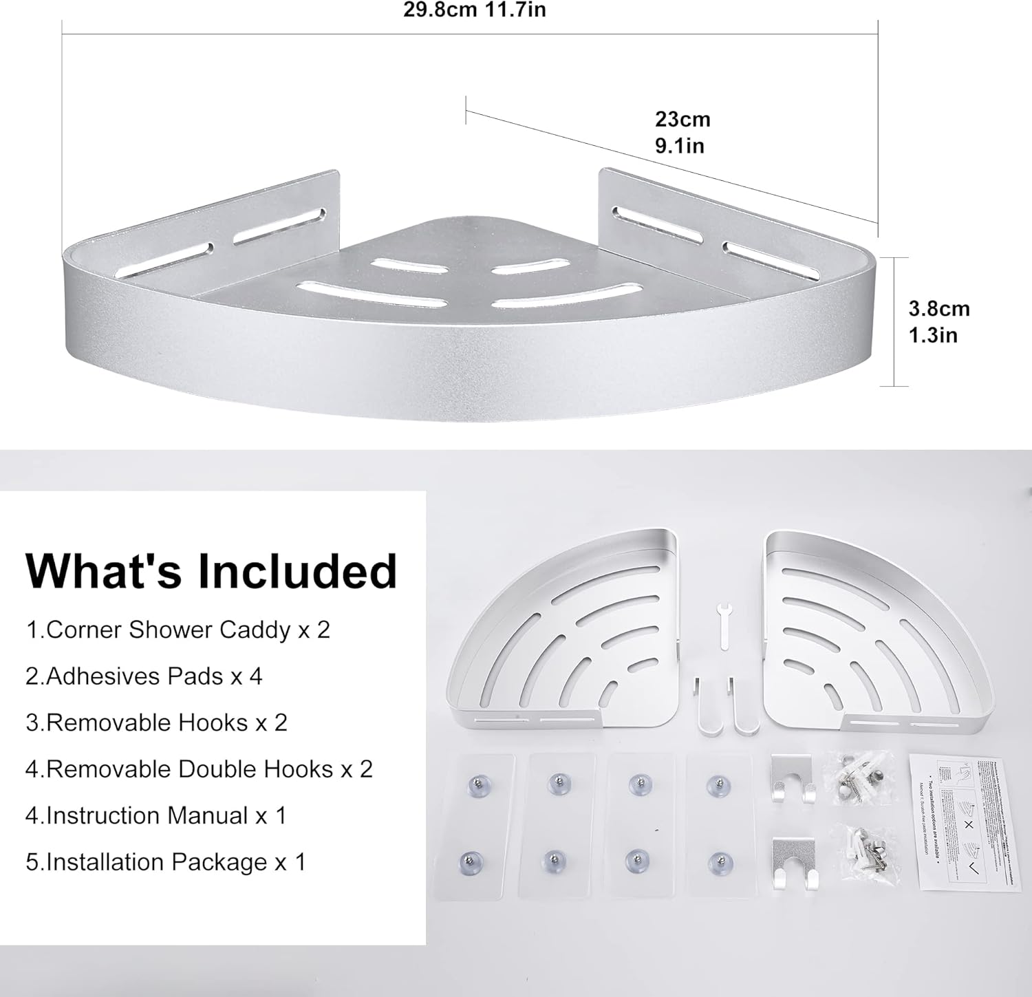 Adhesive Corner Shower Caddy with Hooks,Bathroom Shower Organizer, No Drilling Rust Proof Aluminum Shower Shelf for Inside Shower 2 Pack (Silver)