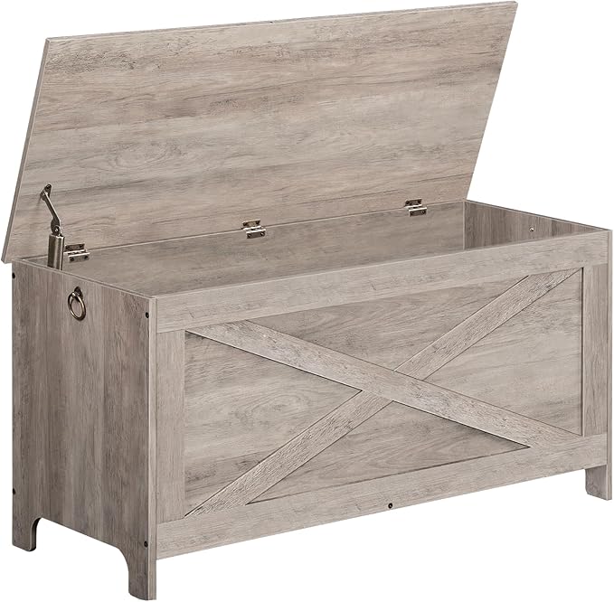 39.4" Toy Chest, Sturdy Entryway Storage Chest with Safety Hinges, Retro Toy Box, Wooden Look Accent Furniture for Living Room, Bedroom,Greige SCHG48101