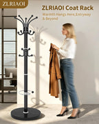 Metal Coat Rack, Modern Coat Rack Stand, 360°Rotary Coat Tree Stand | Heavy Duty Coat Rack Freestanding with Natural Marble Base, Black Clothes Tree Hanger Stand with 14 Hooks & Umbrella Holder