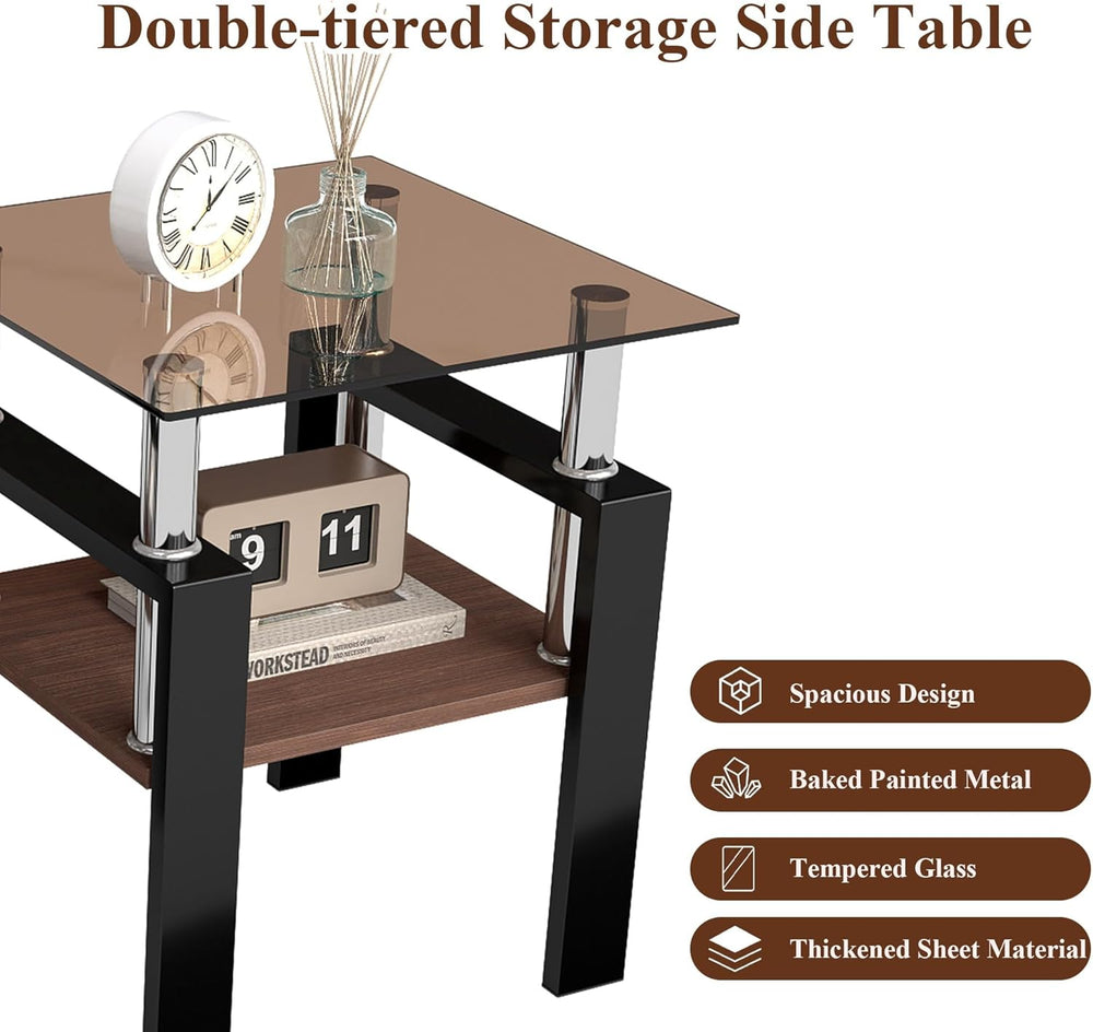 17.72'' Glass Side Table Set of 2, 2 Tier Couch End Table with Temper...