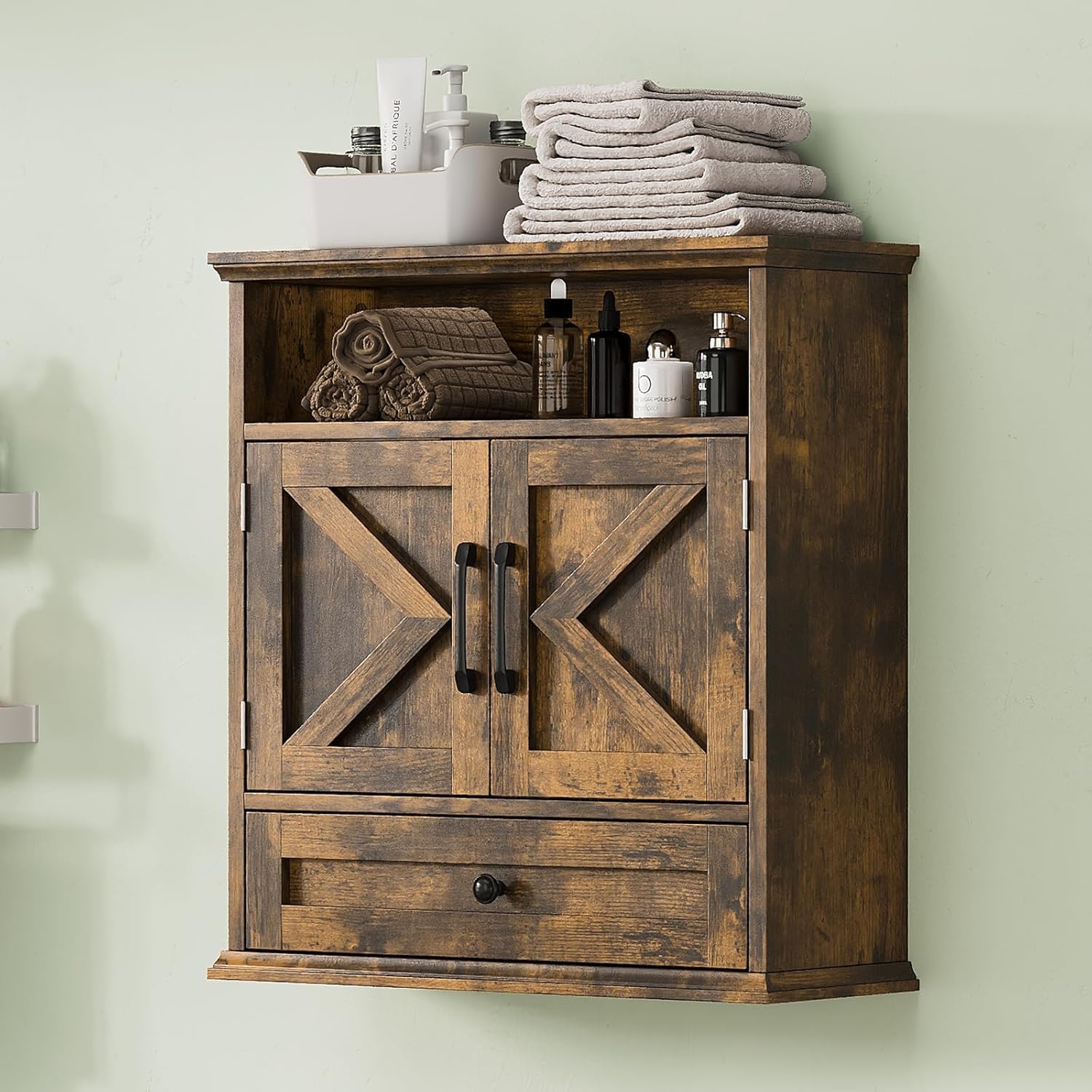 Bathroom Wall Cabinet, Wall Mounted Medicine Cabinet with Drawer, Barn Door & Adjustable Shelf, 24.4"H x 23.6"W x 9"D Rustic Brown Over Toilet Farmhouse Storage Cabinet for Kitchen, Laundry, Entryway