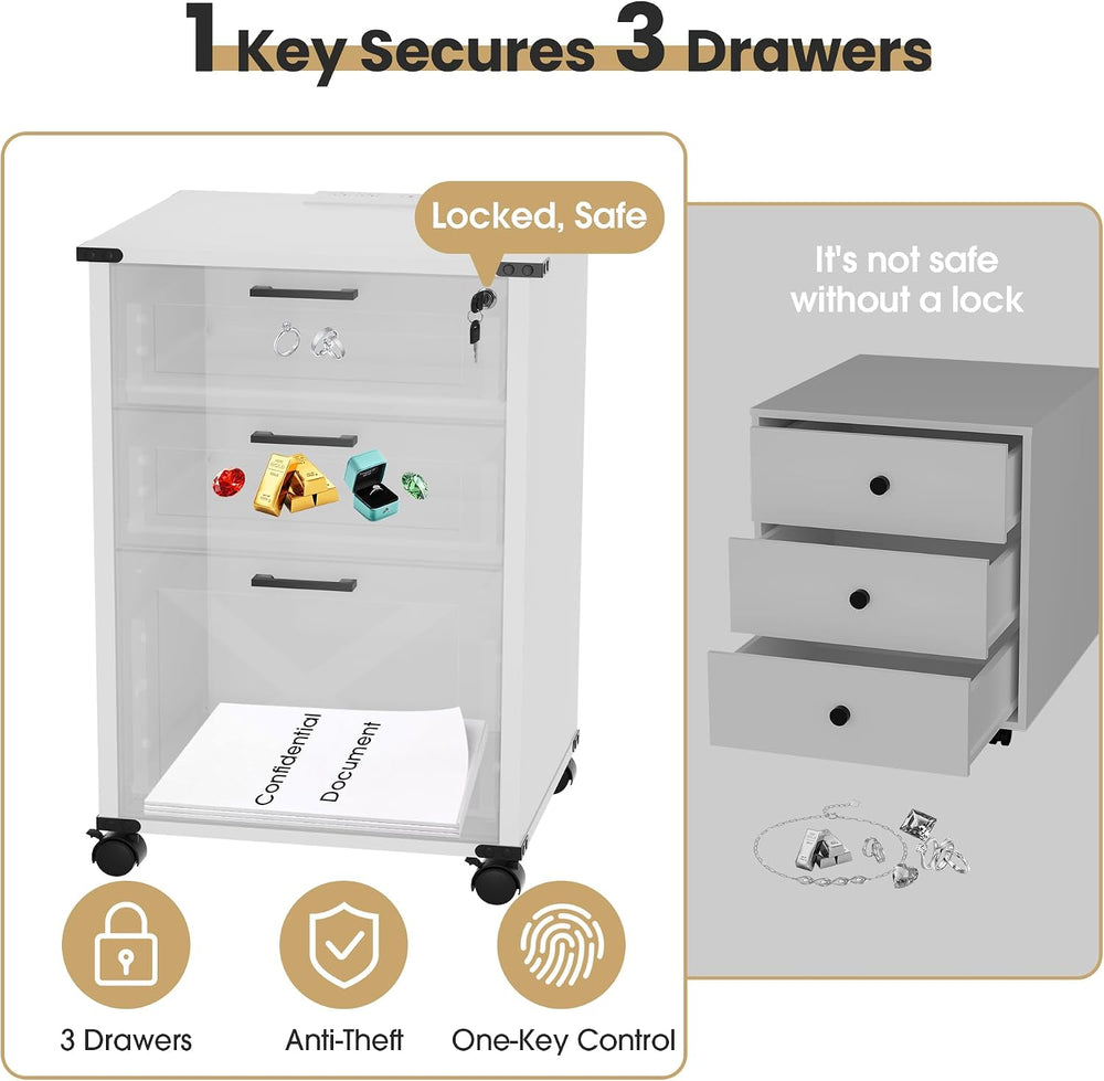 Onelike Small Wood File Cabinet with Charging Station and Lock, 3 Drawers | B...
