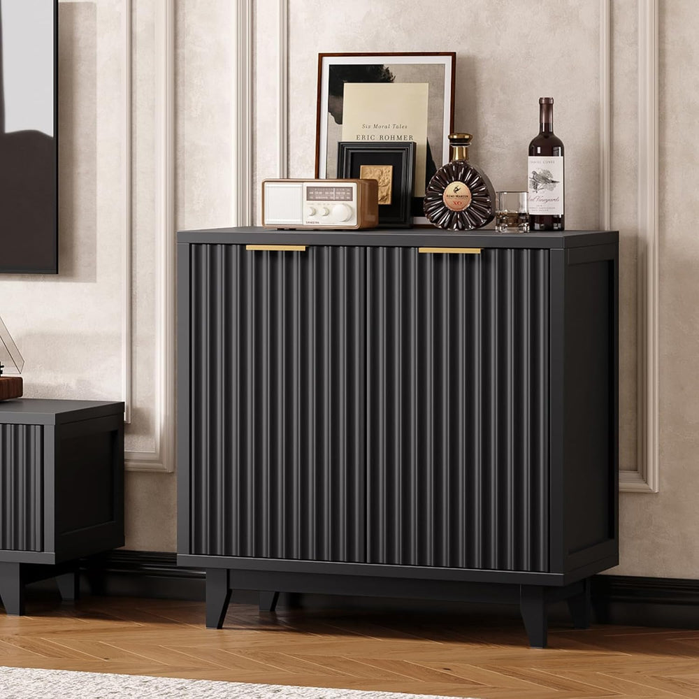 Vabches Modern Fluted Coffee Bar Cabinet with Removable Wine Rack, Black
