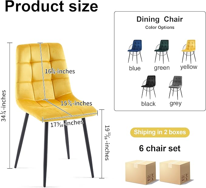 NORDICANA Yellow Velvet Dining Chairs Set of 6, Upholstered Tufted Kitchen Chairs, Comfortable Seat, Metal Leg, Easy Assembly