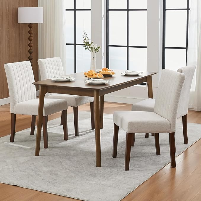 Upholstered Dining Chairs Set of 4, Modern Fabric Kitchen Side Chairs with Sturdy Wood Legs, Parsons Design, Comfortable Soft Linen for Dining Room, Restaurant, Cafe, Gray-Vertical Stripes