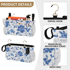 Flowers Blue and White Pattern Bedside Caddy for Dorm Bed Bedside Hanging Caddy Bag Iron Frame Storage Organizer Pocket for Bunk Home College Hospital Beds 2 Hooks