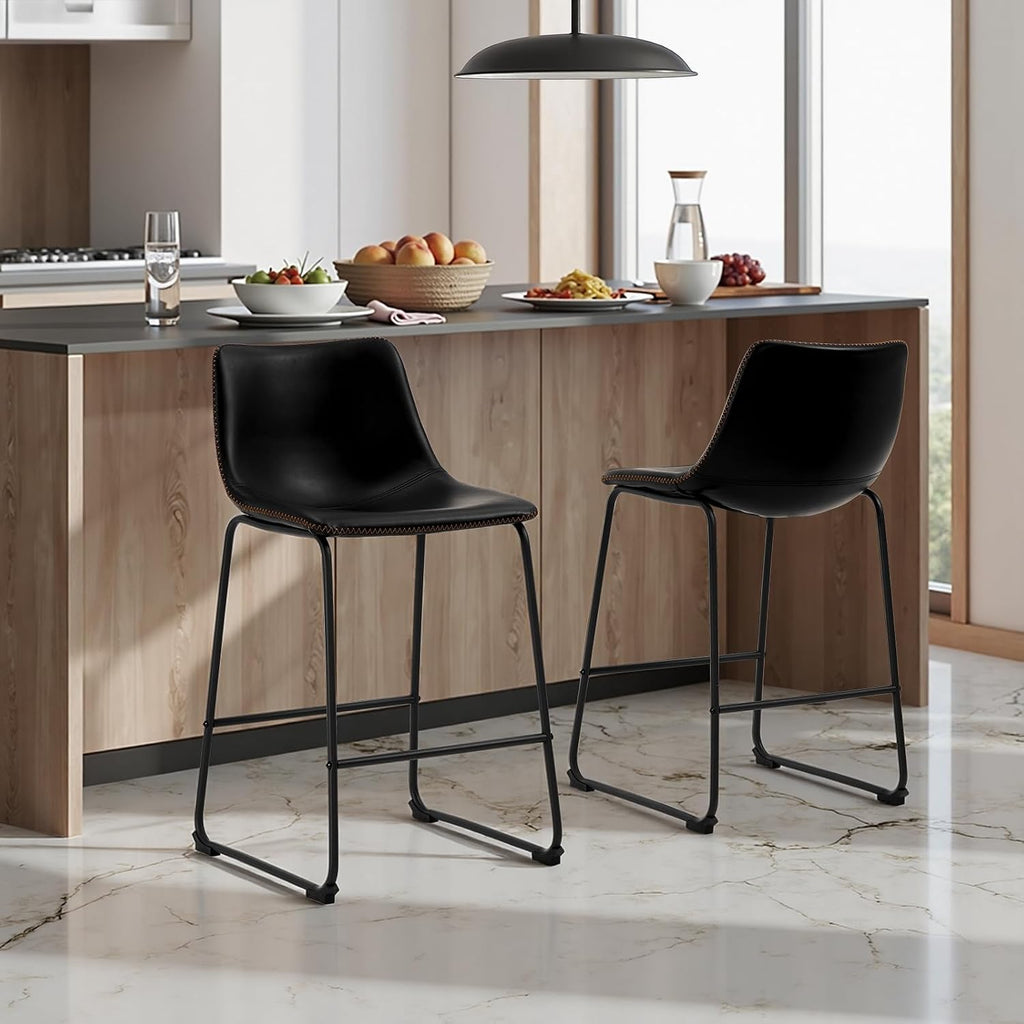 STOOLINK Counter Height Bar Stools Set of 2, 26 Inch Faux Leather Bar Stool | Bar Stools with Back, Bar Chairs, Modern, Kitchen Island, Metal Legs, Heavy Duty, Waterproof, Living Room, Black