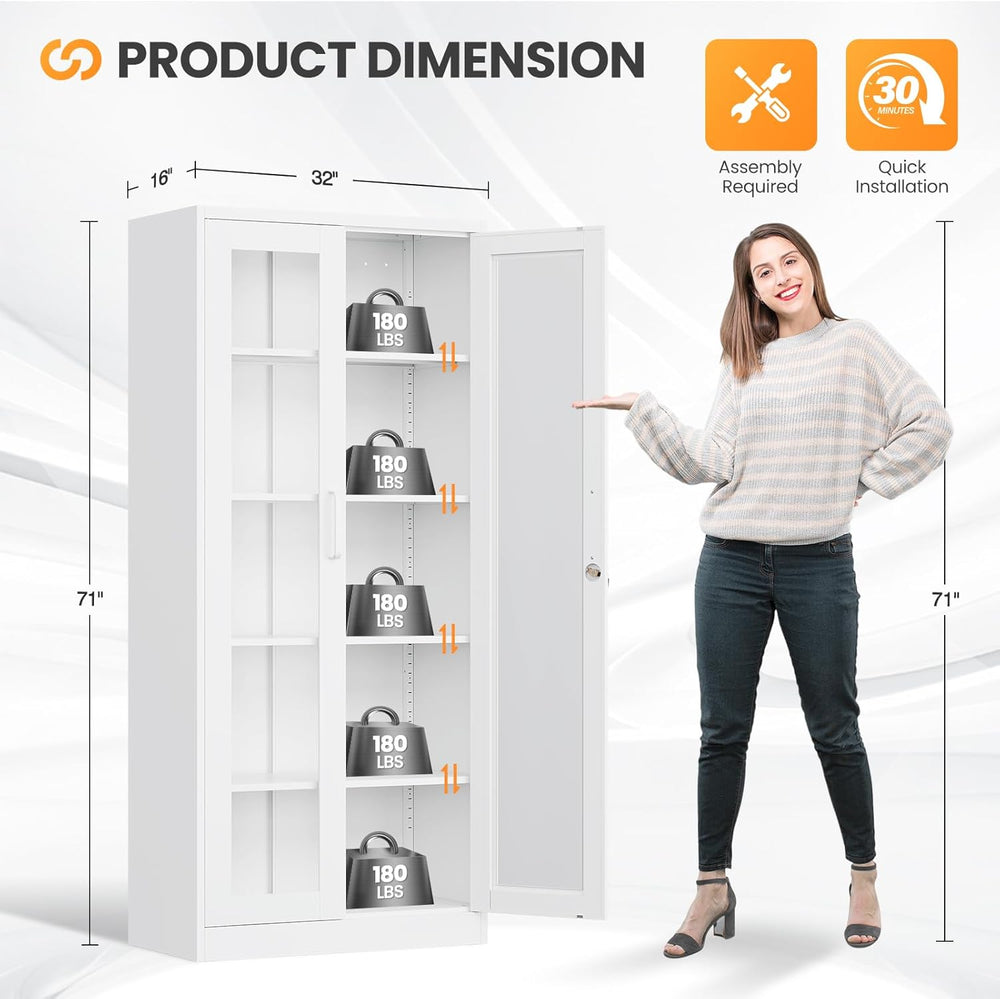 Locking Display Cabinet with Glass Door, 71”H Metal Curio Cabinets with Adjus...