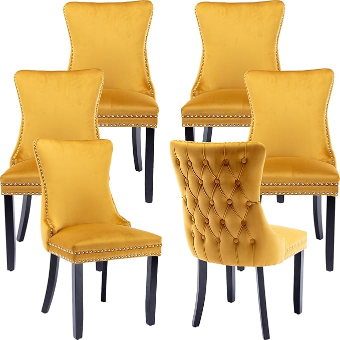 Modern Dining Chairs Set of 6, Upholstered Dining Chair with Full Back and Button Tufting, Yellow Velvet Accent Chair, Sillas de Comedor, 6 Dining Chairs (Gold, Velvet, 6Pcs)
