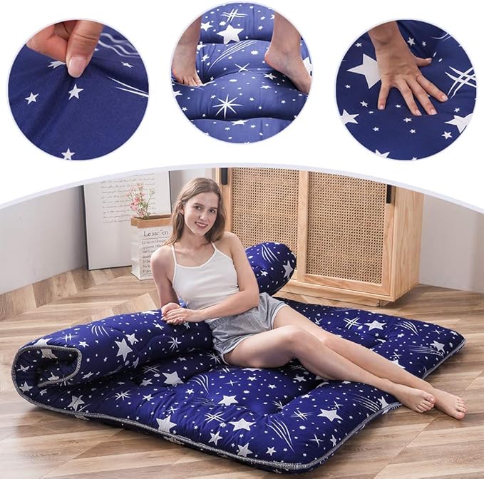 MAXYOYO Japanese Floor Mattress Futon Mattress, 4" Thicken Tatami Mat Sleeping Pad Foldable Roll Up Mat Boys Girls Dormitory Pad Kids Floor Lounger Pillow Bed, Charcoal Grey, Queen Size