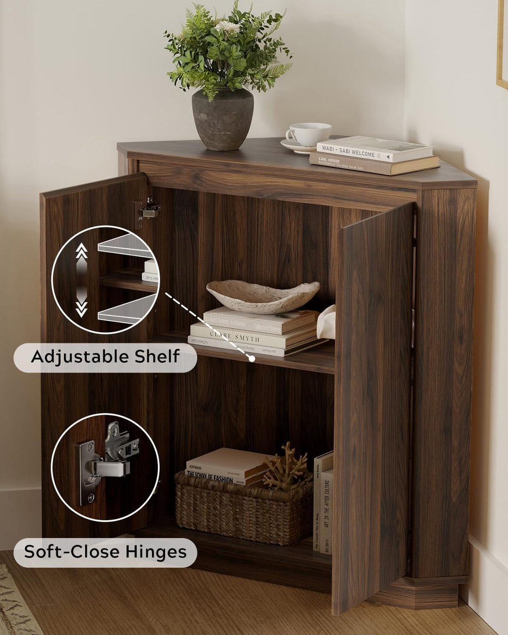 Corner Storage Cabinet, Small Corner Floor Cabinet with 2 Doors and 2-Tier Sh...