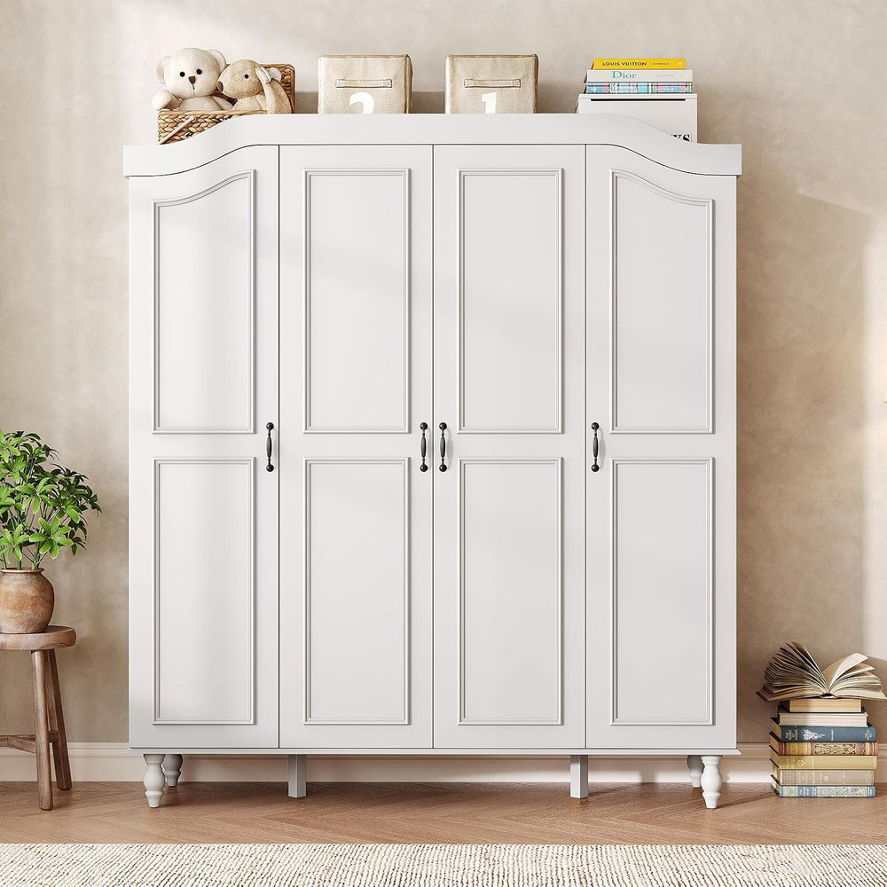71" H Arched Armoire Wardrobe Closet with 4 Doors, Wooden, White | Large...