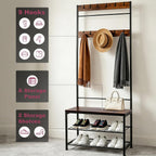 Hall Tree Coat Rack with Bench and Shoe Storage, 3-in-1 Entryway Organizer with Top Hook Rail, Wooden Seat and 2-Tier Shoe Rack, Freestanding Coat Rack for Hallway, Bedroom, and doorway