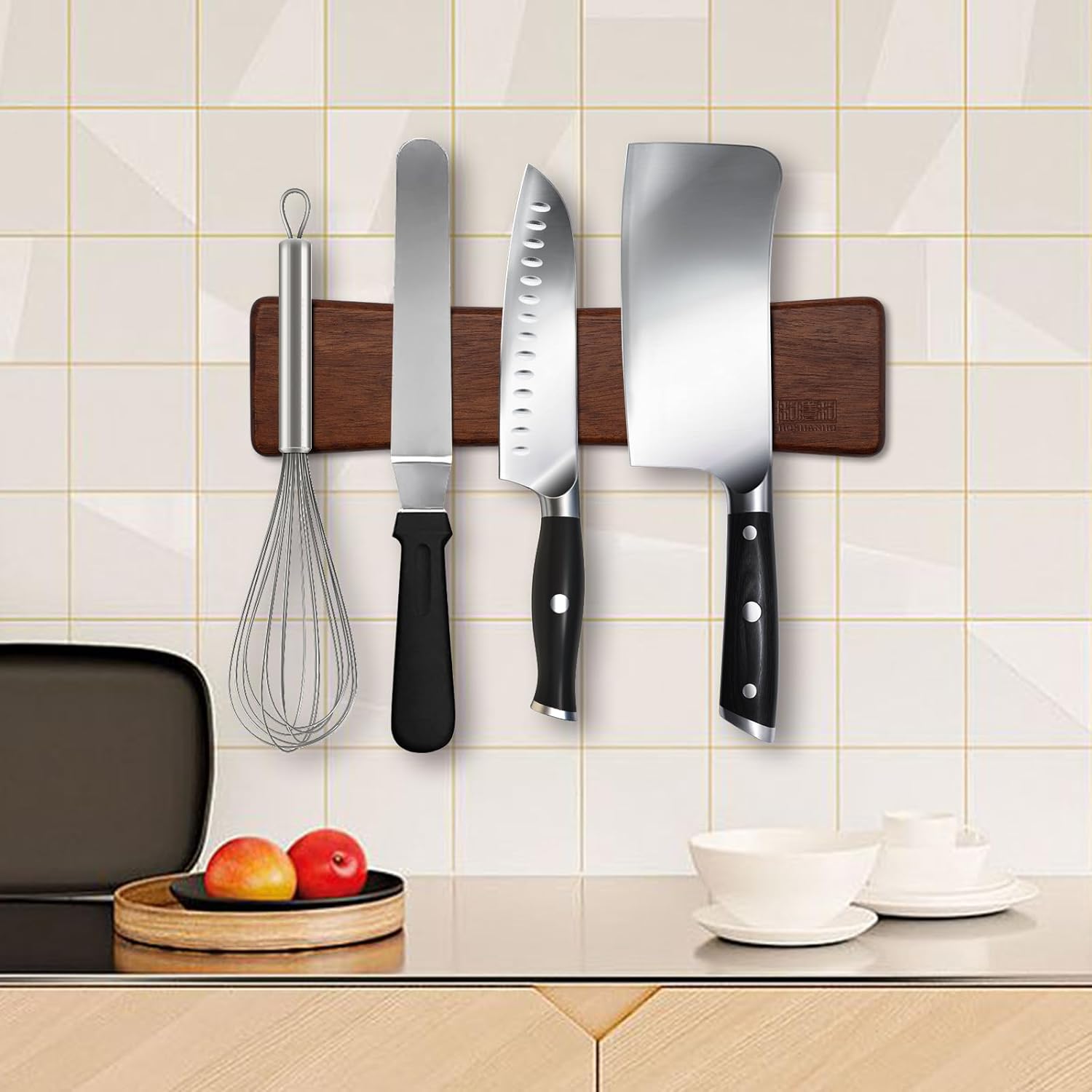 HOSHANHO Knife Magnetic Strip, Acacia Wood Powerful Magnetic Knife Strips, Magnetic Knife Holder for Wall 10 Inch Use as Magnetic Tool Organizer, Home Organizer