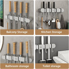 2Pcs Broom Holder Wall Mount, No-Drilling Self-Adhesive Mop and Broom Storage Rack (4 Racks with 5 Hooks),Wall-Mounted Broom Hanger for Bathroom, Kitchen, Closet, Garage, Grey