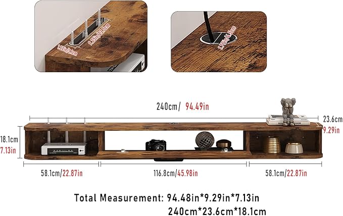 Floating TV Unit, 95'' Wall Mounted TV Cabinet, Floating Shelves with Door, Modern Entertainment Media Console Center Large Storage TV Bench for Living Room & Office (94.49IN, Rustic Brown)