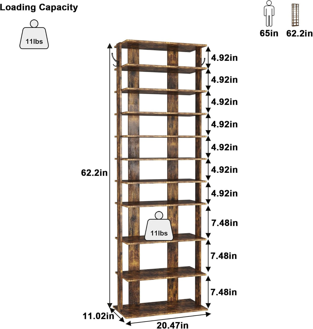 HOMEFORT 10-Tier Vertical Shoe Rack, Corner Shoe Tower, Double Rows 10 Tiers Shoe Shelf, Slim Shoe Storage Unit for 20 Pairs of Shoes, Shoe Stand for Entryway, Hallway, Closet (Rustic Brown)