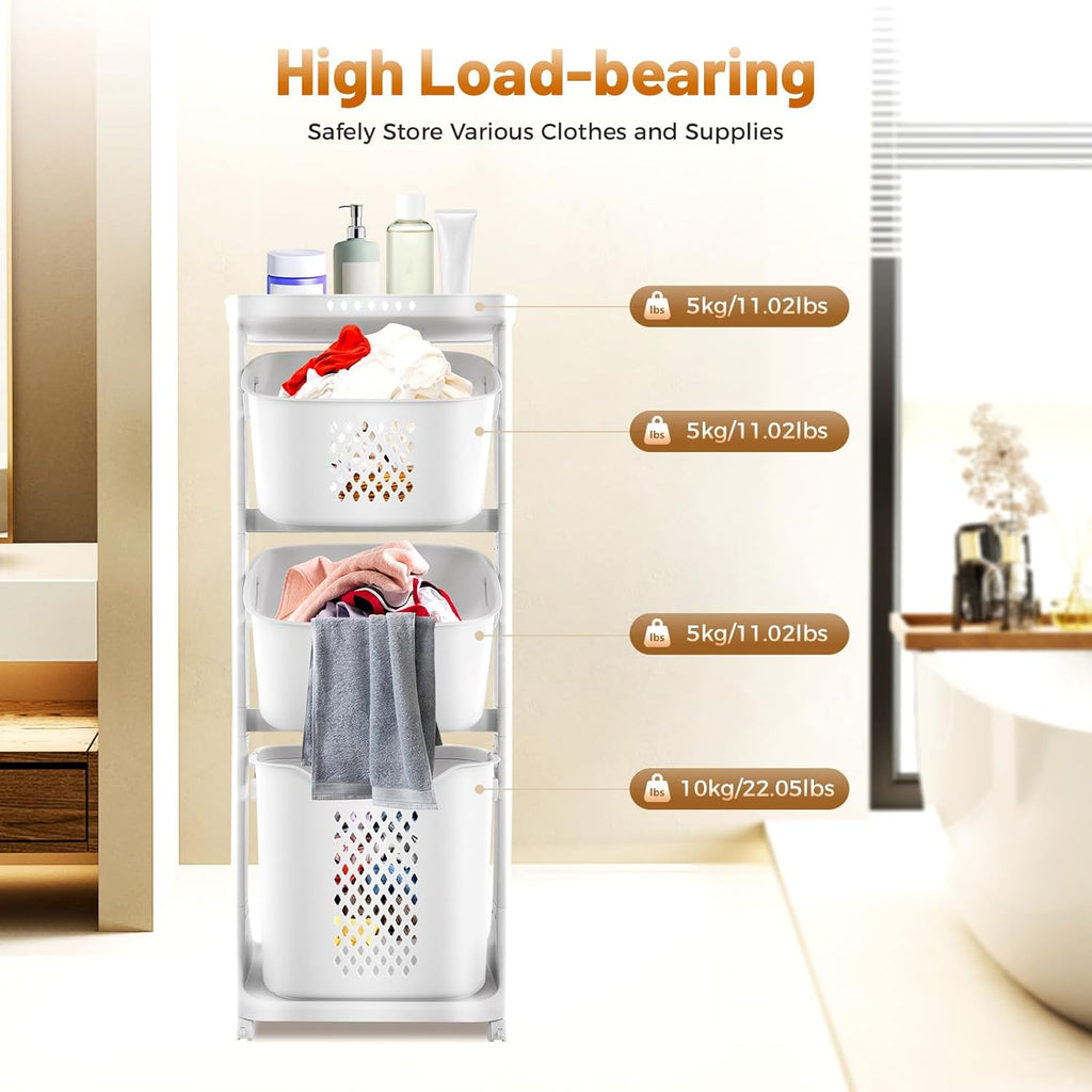 3 Tier stackable Laundry Basket Sorter Portable Rolling Cart Clothes Storage Porous Design With Wheels For Clothes Toiletries Bathrooms Laundry Rooms Bedrooms White
