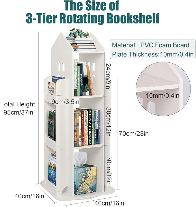 Rotating Bookshelf, 3-Tier Rotating Children's Bookshelf, 360° Revolving Display Floor Standing Bookshelves, Book Shelf Organizer for Kids Room White,16.14" x 16.14" x 37.4"
