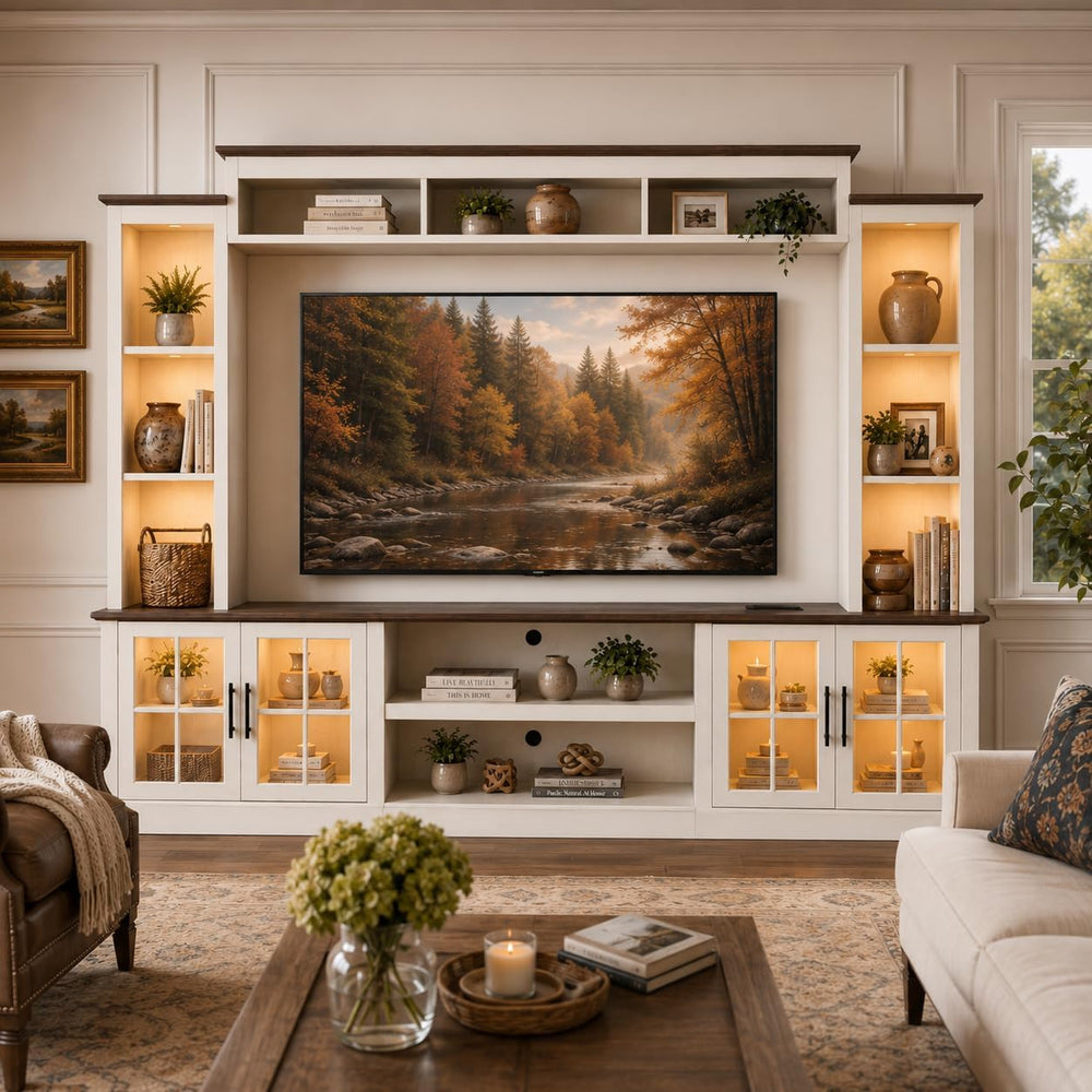 White Farmhouse TV Stand, Entertainment Center, 98" Wall Unit Media Cons...