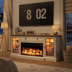 Fireplace TV Stand Up to 80" TVs, 70'' Modern Entertainment Center with 36" Electric Fireplace & LED Lights, Farmhouse Media Console with Storage Cabinet & Drawer for Living Room, Antique White